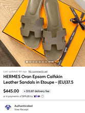 Load image into Gallery viewer, HERMES Oran Epsom Calfskin Leather Sandals in Etoupe - (EU)37.5
