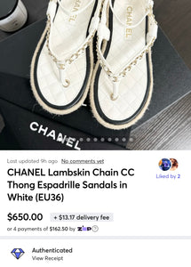 ▪️SOLD▪️CHANEL Lambskin Chain CC Thong Espadrille Sandals in White (EU36)