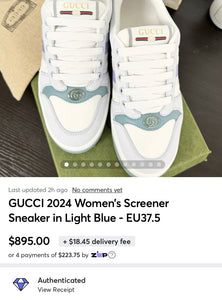 GUCCI 2024 Women’s Screener Sneaker in Light Blue - EU37.5