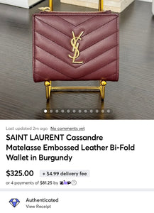 SAINT LAURENT Cassandre Matelasse Embossed Leather Bi-Fold Wallet in Burgundy