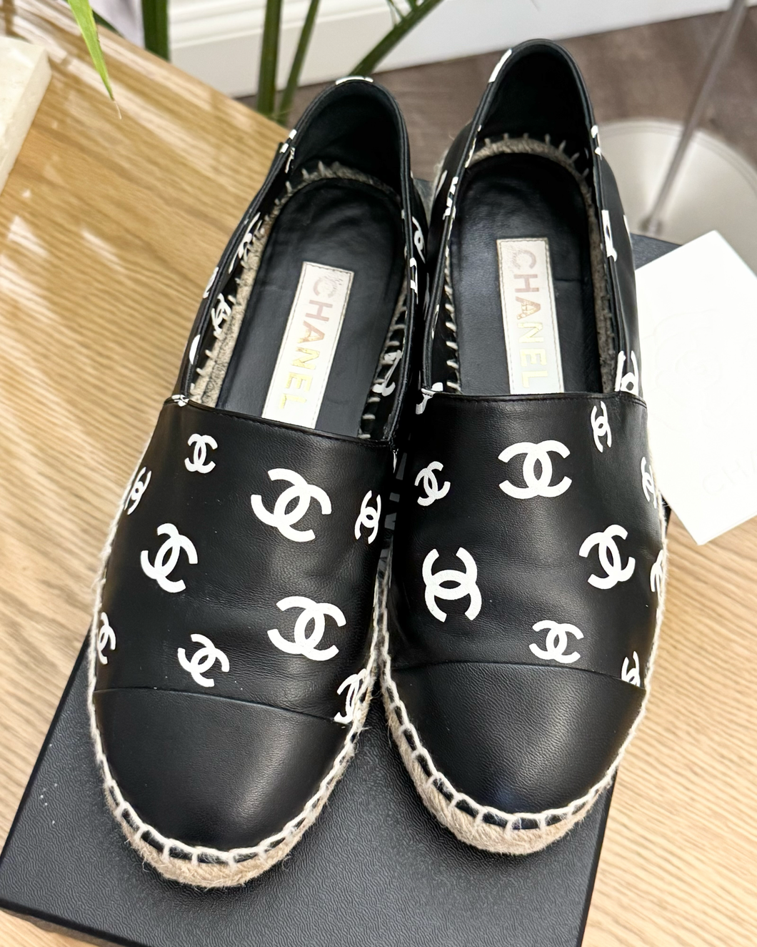 CHANEL 2023 Printed Crazy CC Logo Lambskin Espadrilles in Black/White - EU38