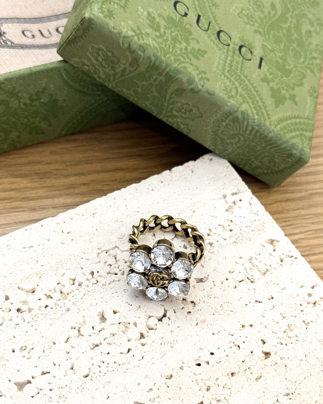 GUCCI Double G Ring With Clear Crystals - Gold - Size 6