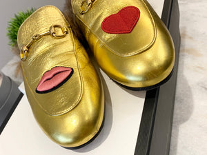 GUCCI Princetown Fur-lined Embroidered Metallic Leather Slippers In Metallic Gold EU39