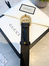 Load image into Gallery viewer, GUCCI Unisex GG Gold Buckle 1” Width Leather Belt In Black 85/34
