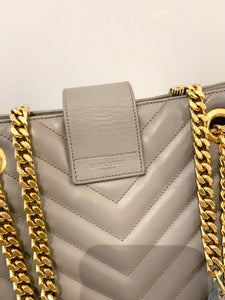 SAINT LAURENT Quilted Grained Leather Monogram Chain Bo Cassandre Tote Bag In Grey