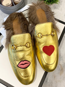 GUCCI Princetown Fur-lined Embroidered Metallic Leather Slippers In Metallic Gold EU39