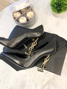 SAINT LAURENT Opyum Leather Pumps In Black/Gold Size EU 37.5