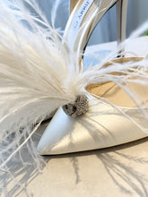 Load image into Gallery viewer, JIMMY CHOO Liz 100 Ivory Satin Pointy Toe Pumps With Crystals And Fascinator Feathers In White EU38
