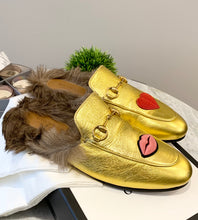 Load image into Gallery viewer, GUCCI Princetown Fur-lined Embroidered Metallic Leather Slippers In Metallic Gold EU39
