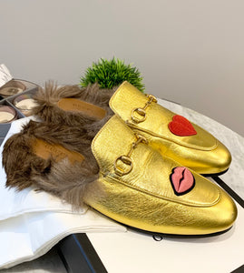 GUCCI Princetown Fur-lined Embroidered Metallic Leather Slippers In Metallic Gold EU39