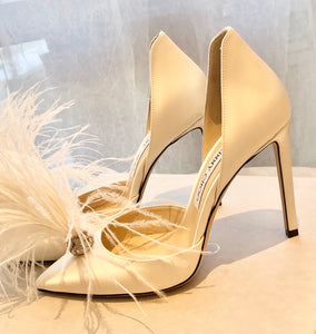 JIMMY CHOO Liz 100 Ivory Satin Pointy Toe Pumps With Crystals And Fascinator Feathers In White EU38