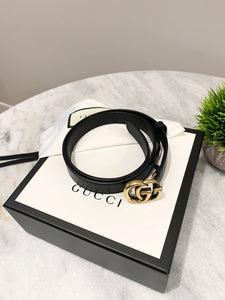 GUCCI Double G Buckle Skinny Leather Belt In Black 70/28