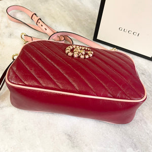 GUCCI Matelasse Diagonal Small Enamel GG Marmont Chain Crossbody Bag in Red