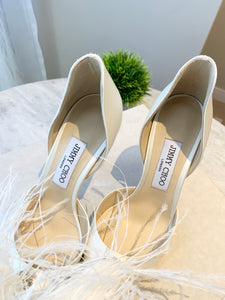 JIMMY CHOO Liz 100 Ivory Satin Pointy Toe Pumps With Crystals And Fascinator Feathers In White EU38