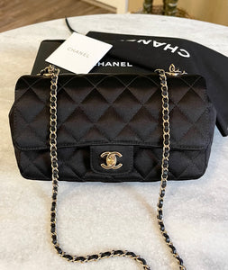 CHANEL Quilted Silk Mini Crossbody Bag In Black