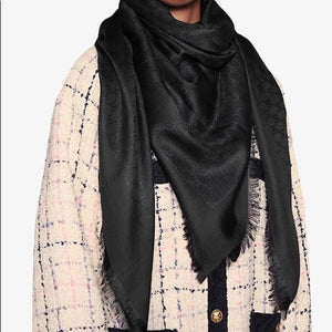 GUCCI GG Unisex Jacquard Giant Plus Silk Wool Shawl in Black