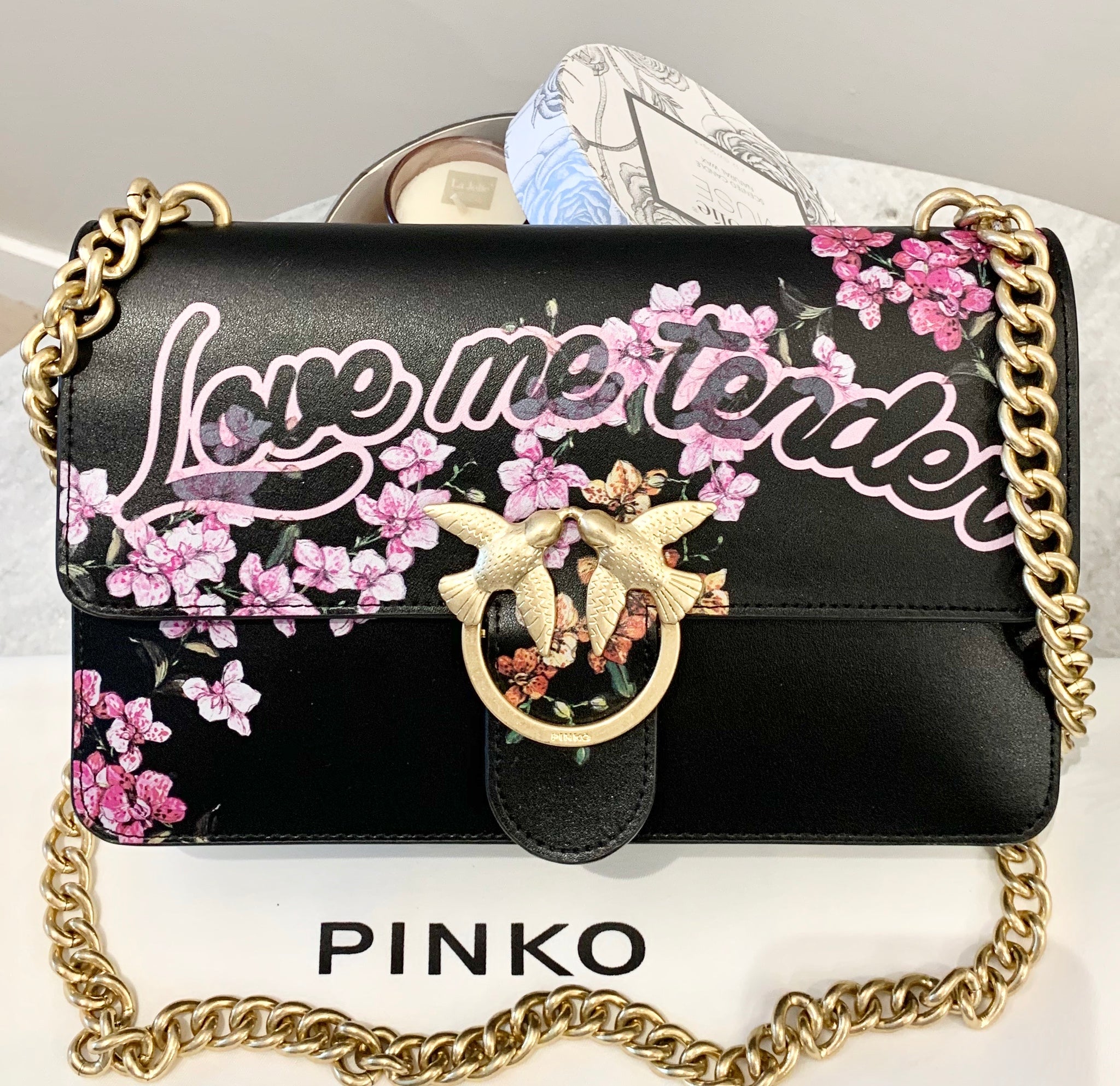 PINKO Love Me Tender Flowers Black Eco Leather Shoulder Bag In