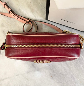 GUCCI Matelasse Diagonal Small Enamel GG Marmont Chain Crossbody Bag in Red