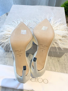 JIMMY CHOO Liz 100 Ivory Satin Pointy Toe Pumps With Crystals And Fascinator Feathers In White EU38