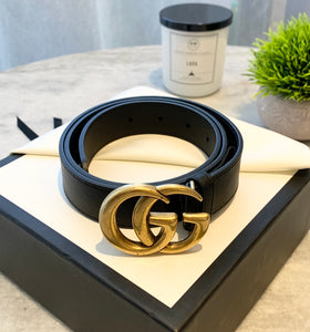 GUCCI Unisex GG Gold Buckle 1” Width Leather Belt In Black 85/34