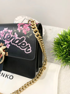 PINKO Love Me Tender Flowers Black Eco Leather Shoulder Bag In Black