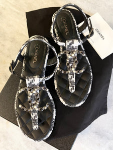 CHANEL CC Tweed Thong Sandals In Black/White (EU)37