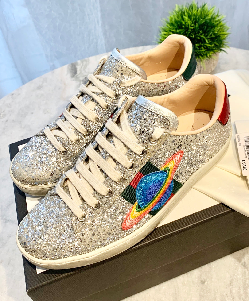 GUCCI New Ace Low Top Sneaker In White / Silver EU36