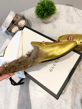 Load image into Gallery viewer, GUCCI Princetown Fur-lined Embroidered Metallic Leather Slippers In Metallic Gold EU39
