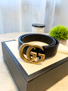 GUCCI Unisex GG Gold Buckle 1” Width Leather Belt In Black 85/34