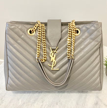 Load image into Gallery viewer, SAINT LAURENT Quilted Grained Leather Monogram Chain Bo Cassandre Tote Bag In Grey
