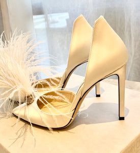 JIMMY CHOO Liz 100 Ivory Satin Pointy Toe Pumps With Crystals And Fascinator Feathers In White EU38