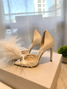 JIMMY CHOO Liz 100 Ivory Satin Pointy Toe Pumps With Crystals And Fascinator Feathers In White EU38