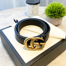 Load image into Gallery viewer, GUCCI Unisex GG Gold Buckle 1” Width Leather Belt In Black 85/34
